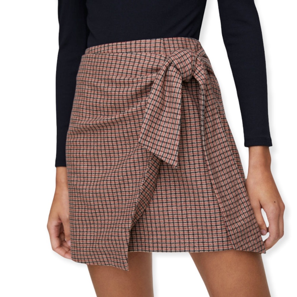 Aritzia Wil­fred Wrap Style Muted Red&Blue Plaid Wool Cashmere Mini Skirt Size S - Picture 15 of 16